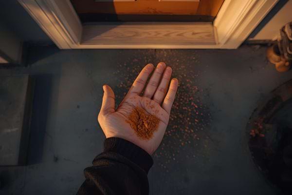 A hand holding cinnamon powder in front of a house.