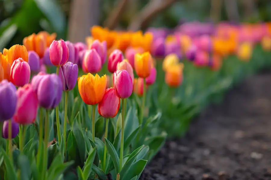 tulips growing evenly in rows