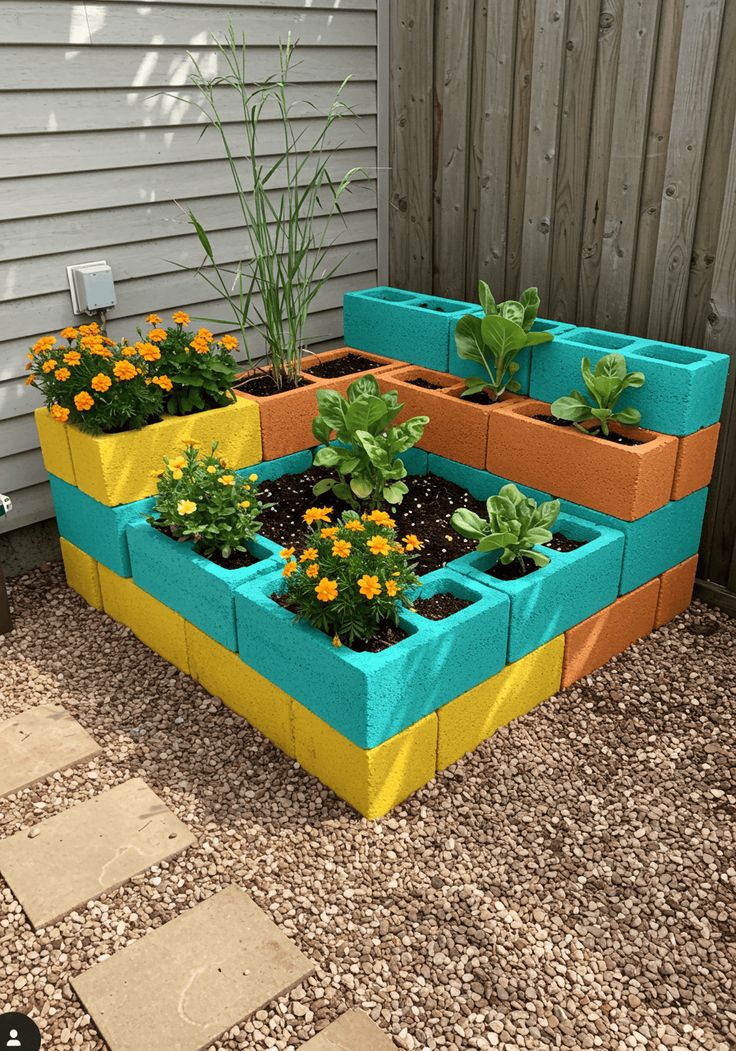 Colorful painted concrete block garden bed with flowers and greenery