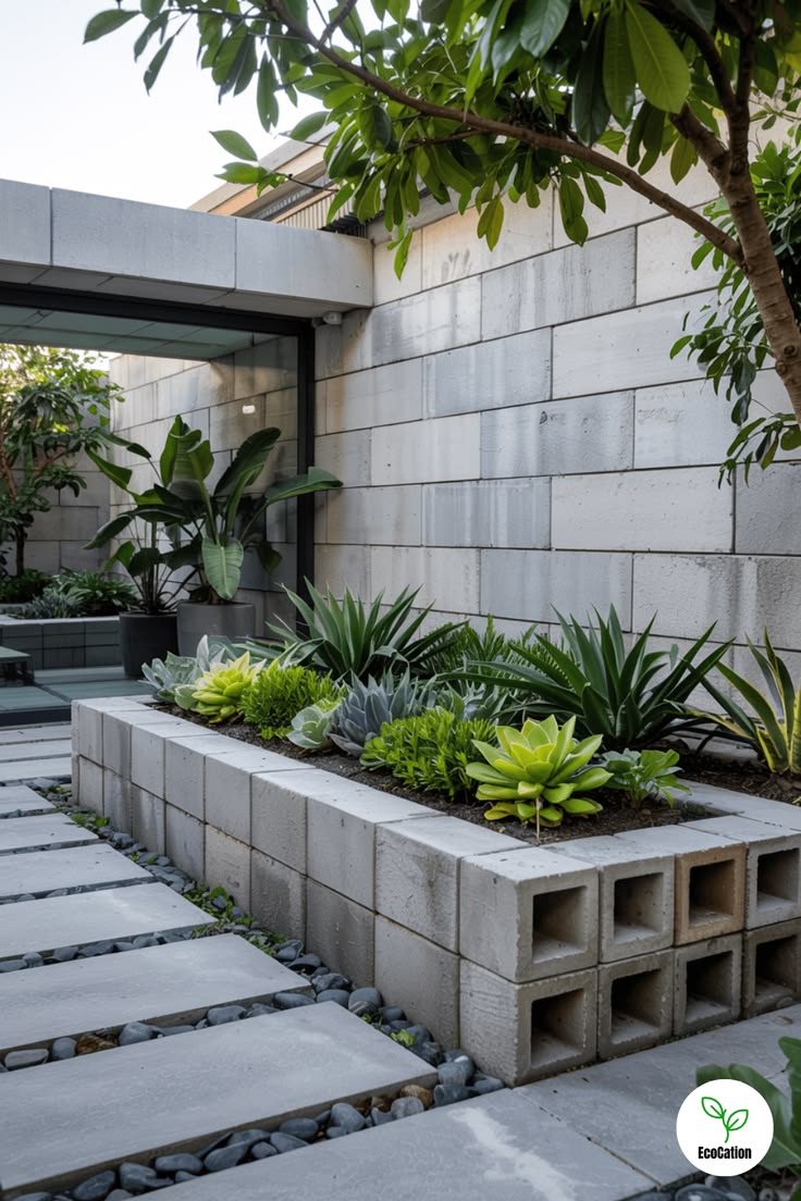 Modern concrete block garden bed with succulents and river rocks