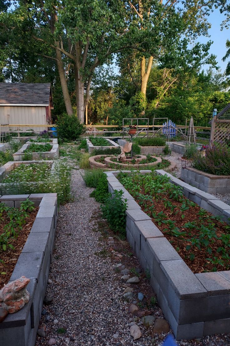 Geometric concrete block garden beds with gravel paths