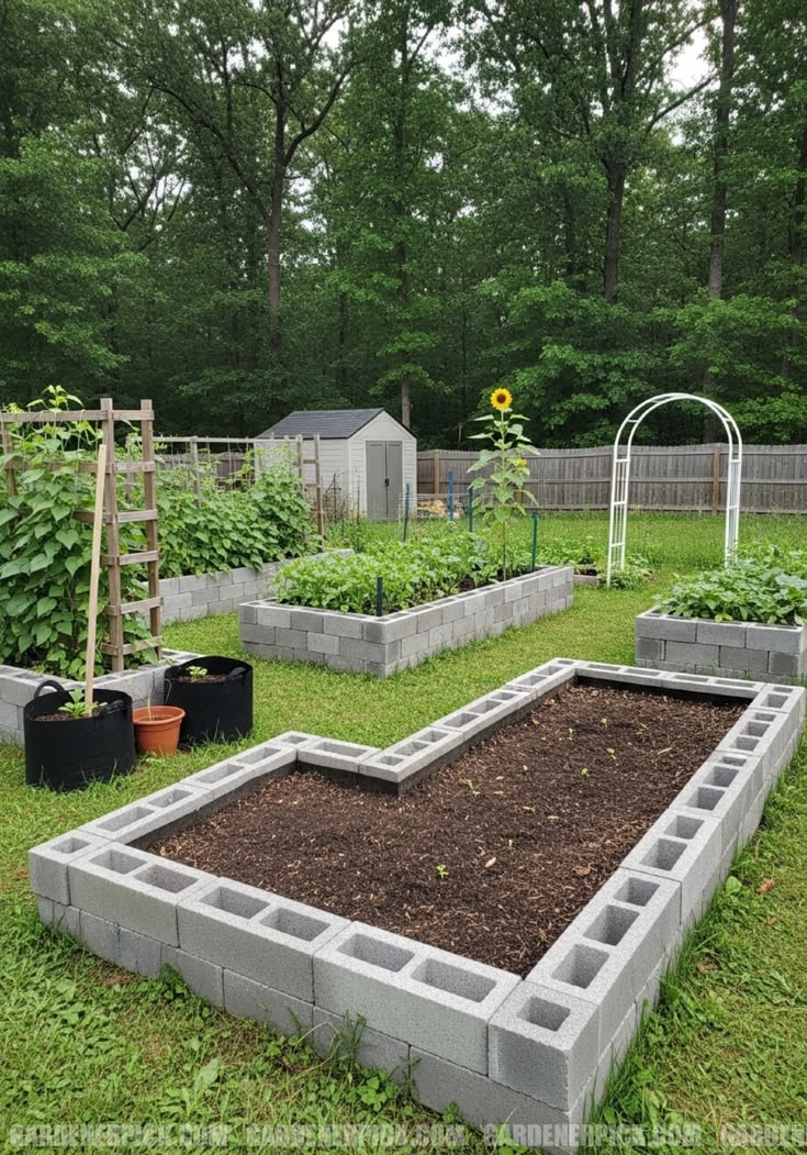 Backyard garden with concrete block raised beds and trellis