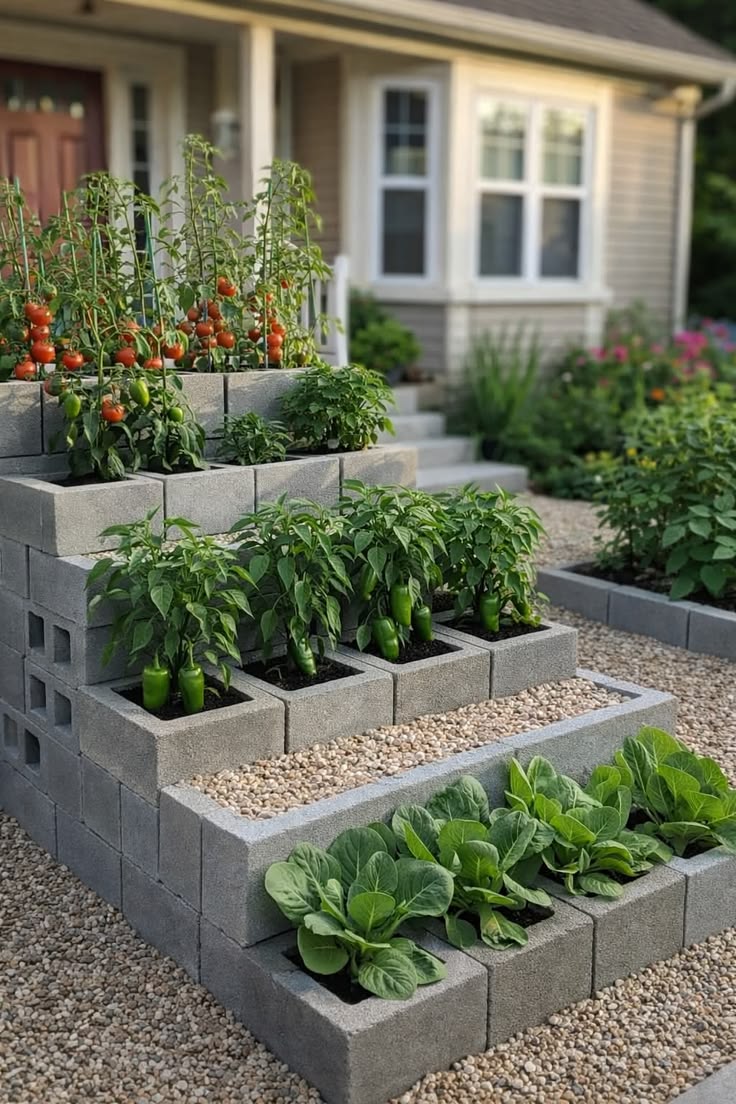Tiered concrete block vegetable garden with cabbages peppers and tomatoes
