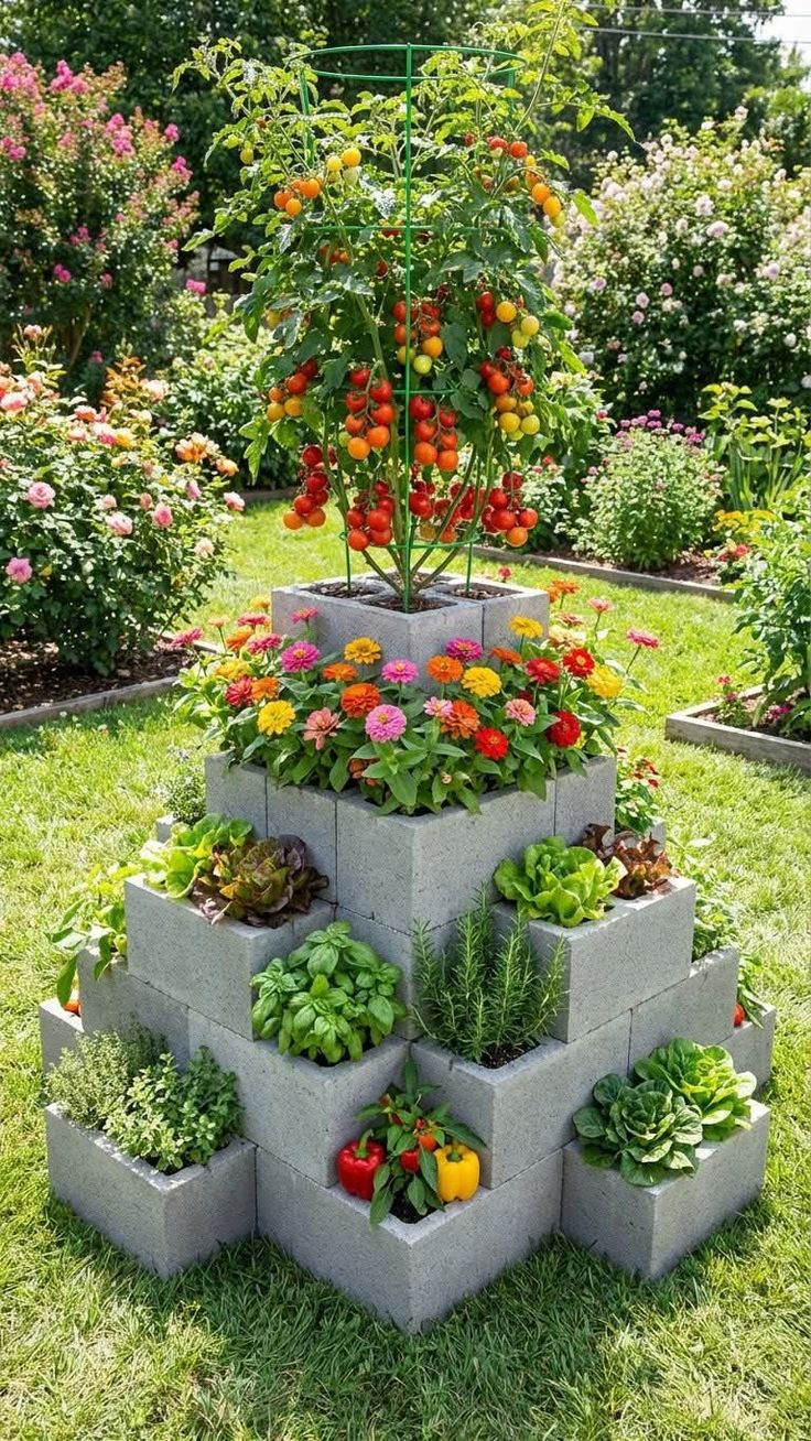 Pyramid concrete block garden bed with herbs flowers and tomatoes