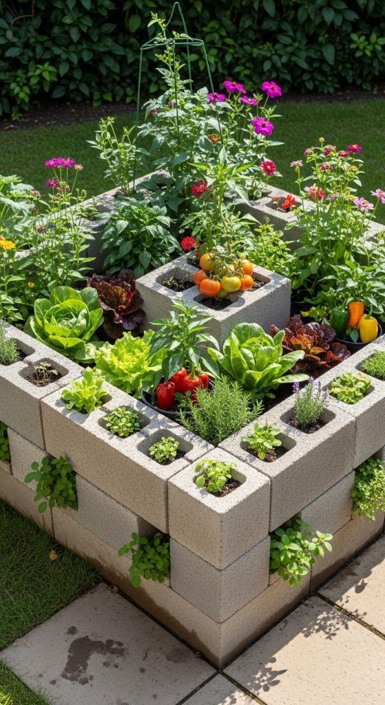 Tiered concrete block garden bed with herbs vegetables and flowers