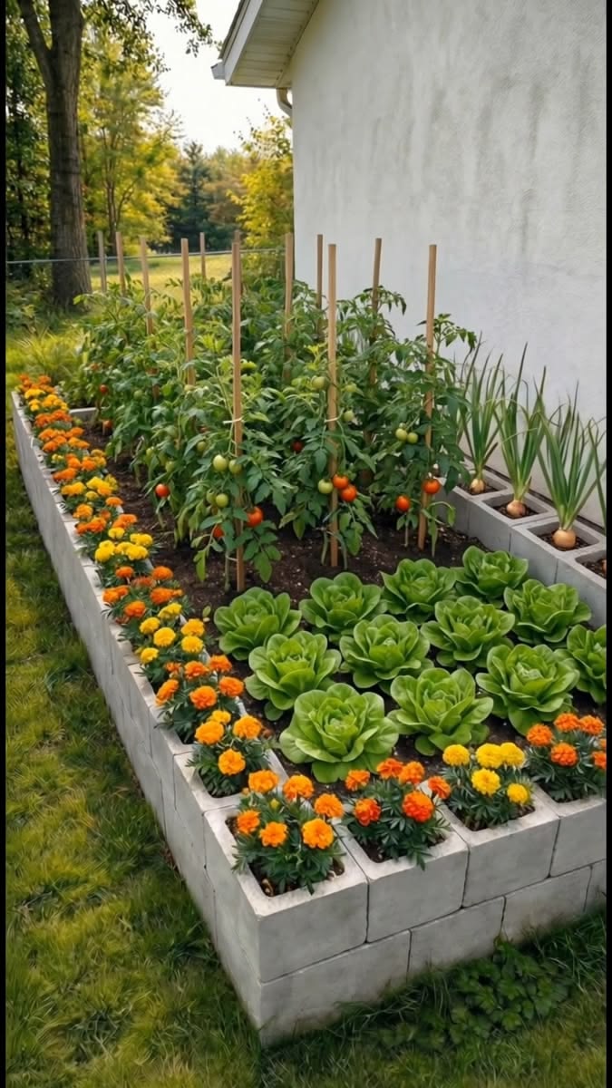 Concrete block garden bed with marigolds lettuce and tomatoes