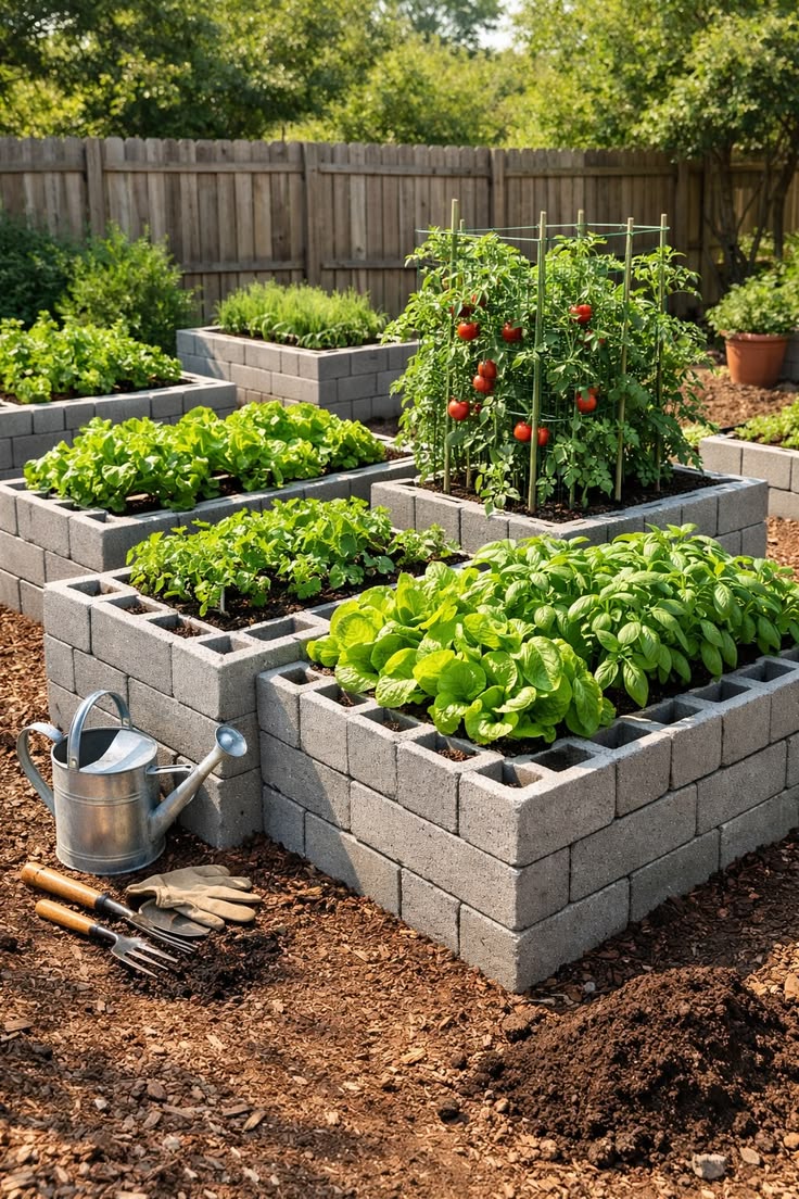 Elevated concrete block garden beds with vegetables and watering can