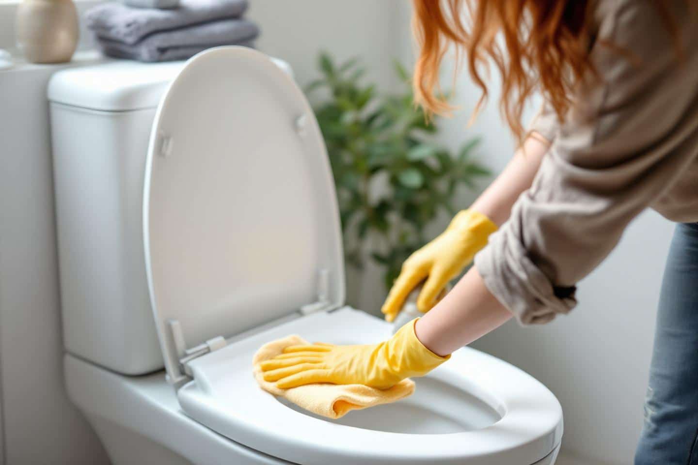 Gentle cleaning of toilet seat with a sponge