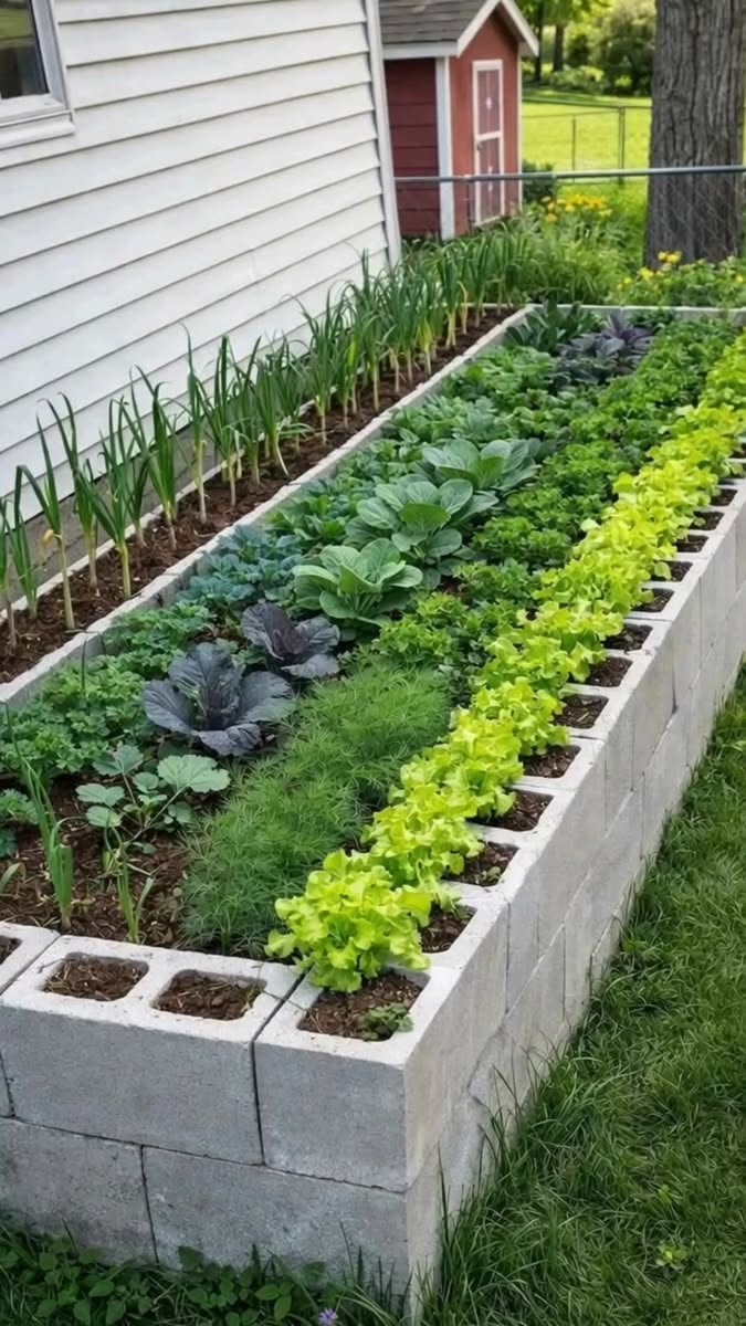 Rectangular concrete block garden bed filled with vegetables