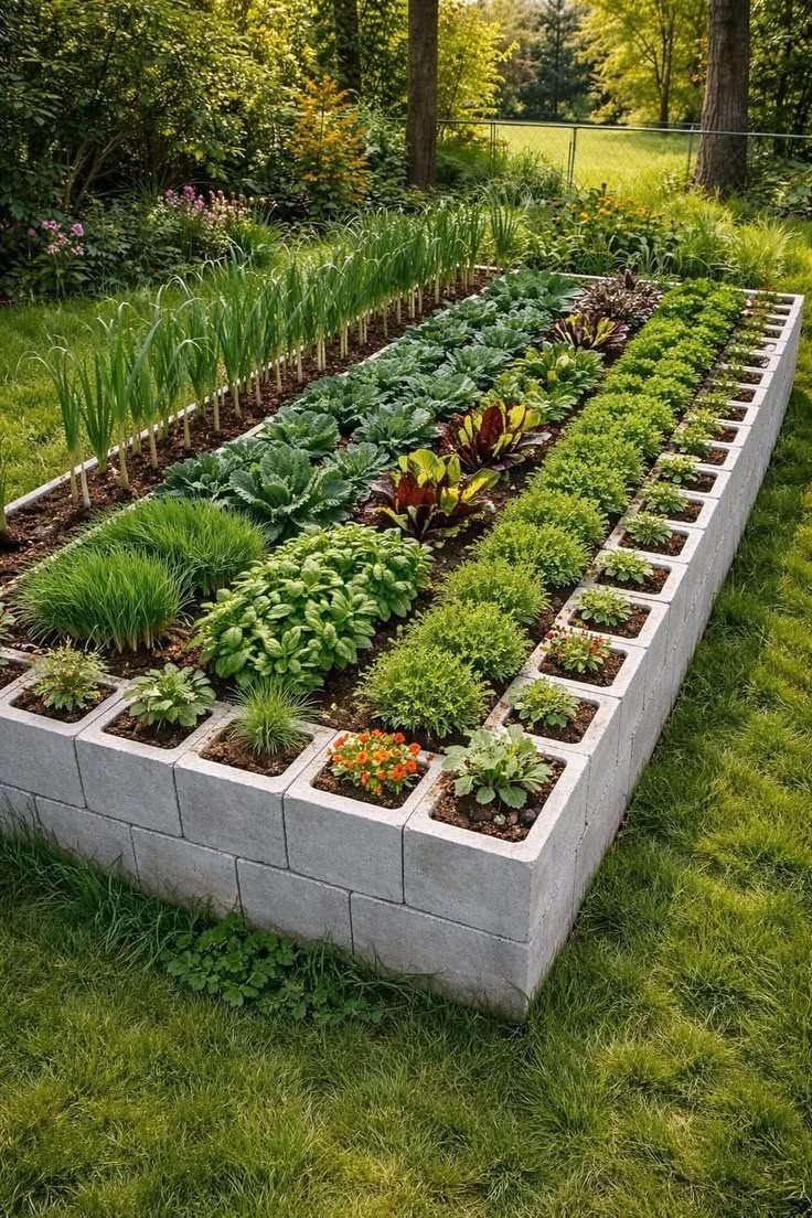 Concrete block raised garden bed with vegetables and flowers