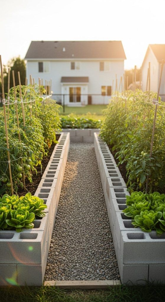 Parallel concrete block garden beds with gravel pathway