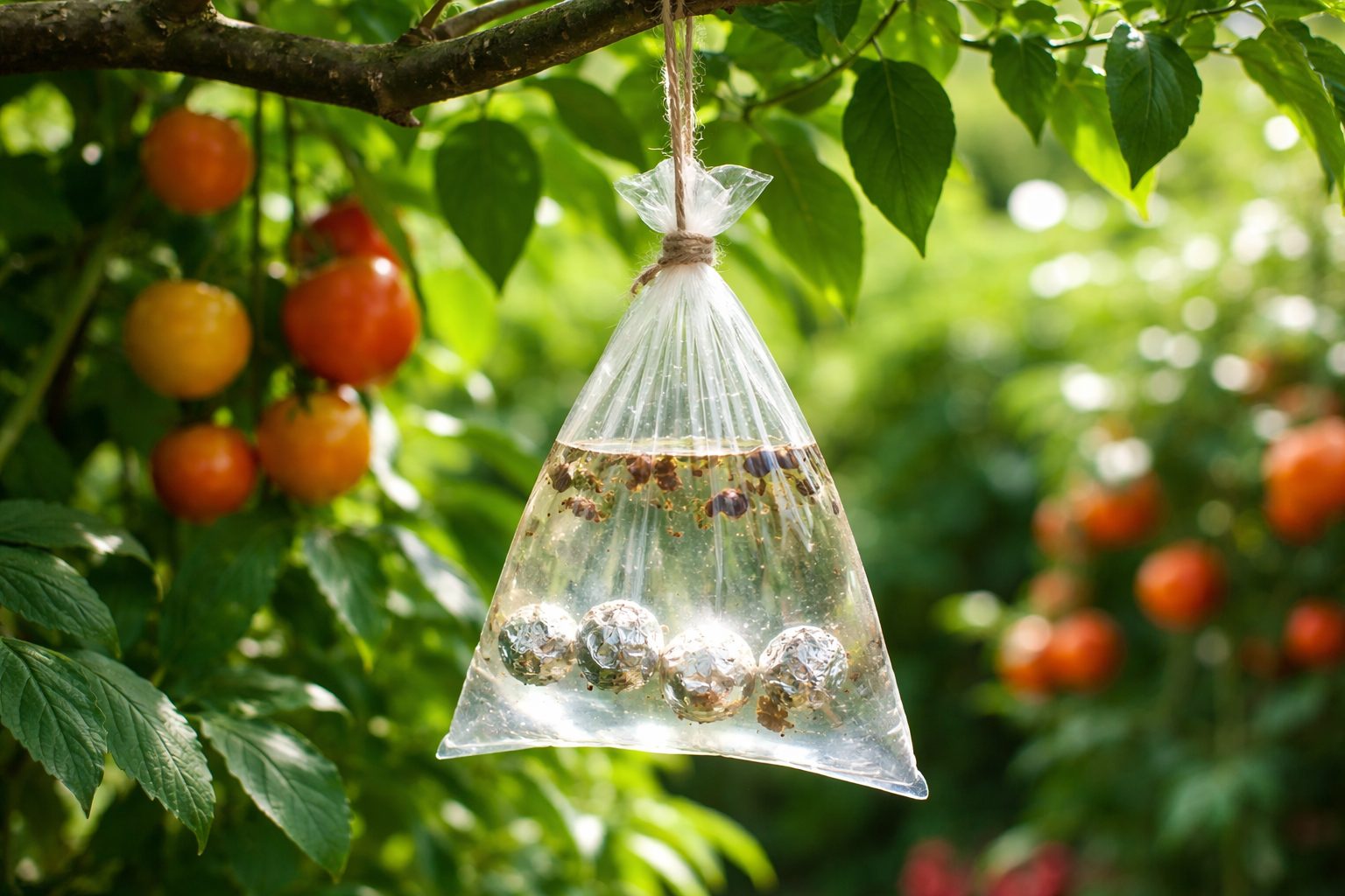 Bag of water hanging from a branch