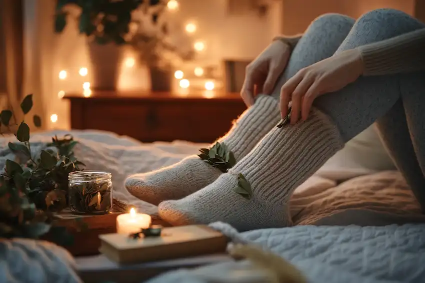a person sitting on the edge of their bed