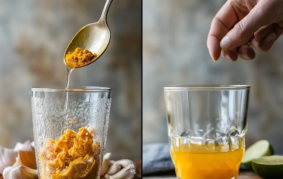 Crushed garlic, grated turmeric, and lime juice mixed in a glass