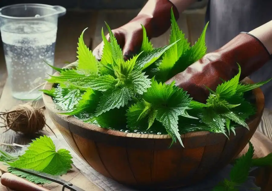 Fresh nettle leaves, large container, and water