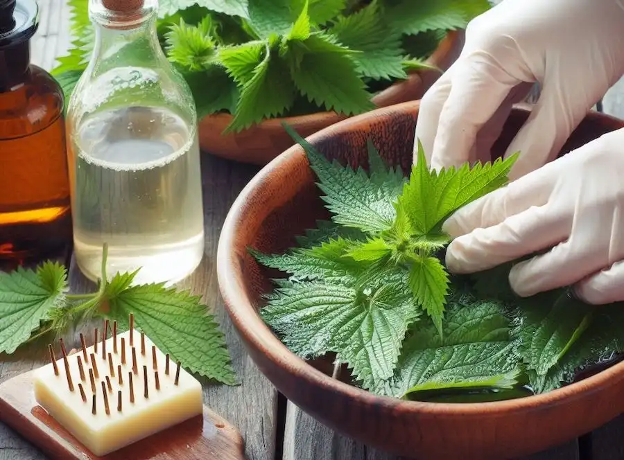 Fresh nettle leaves, water, mild soap