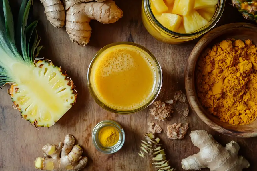 pineapple peel, ginger root, turmeric root and a jar of honey