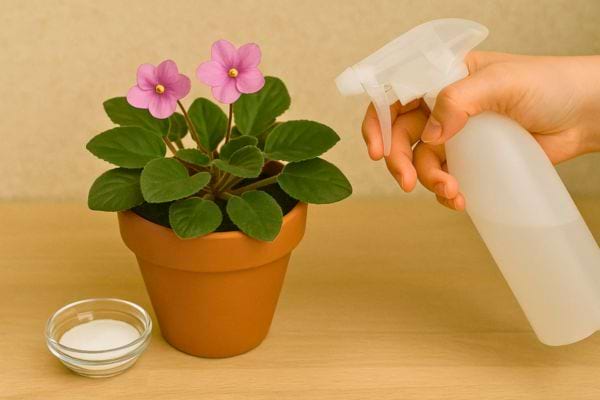 Spray bottle next to a purple plant