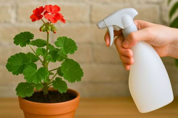 Spray bottle with baking soda and flowering plants