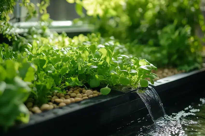 Water flowing from the fish tank into the grow bed