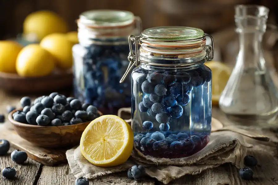 Blueberries in jars with lemon water