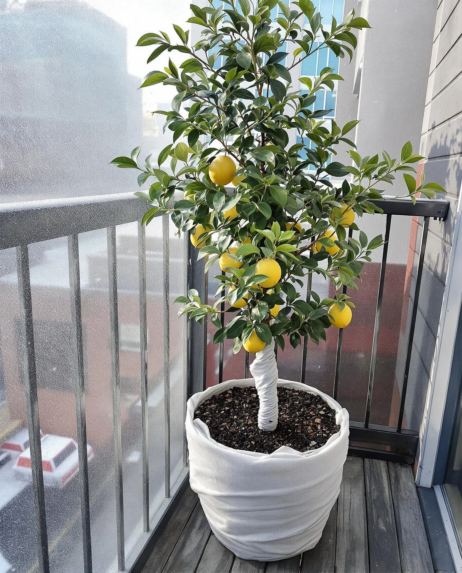 Lemon tree in a pot on an urban balcony during winter