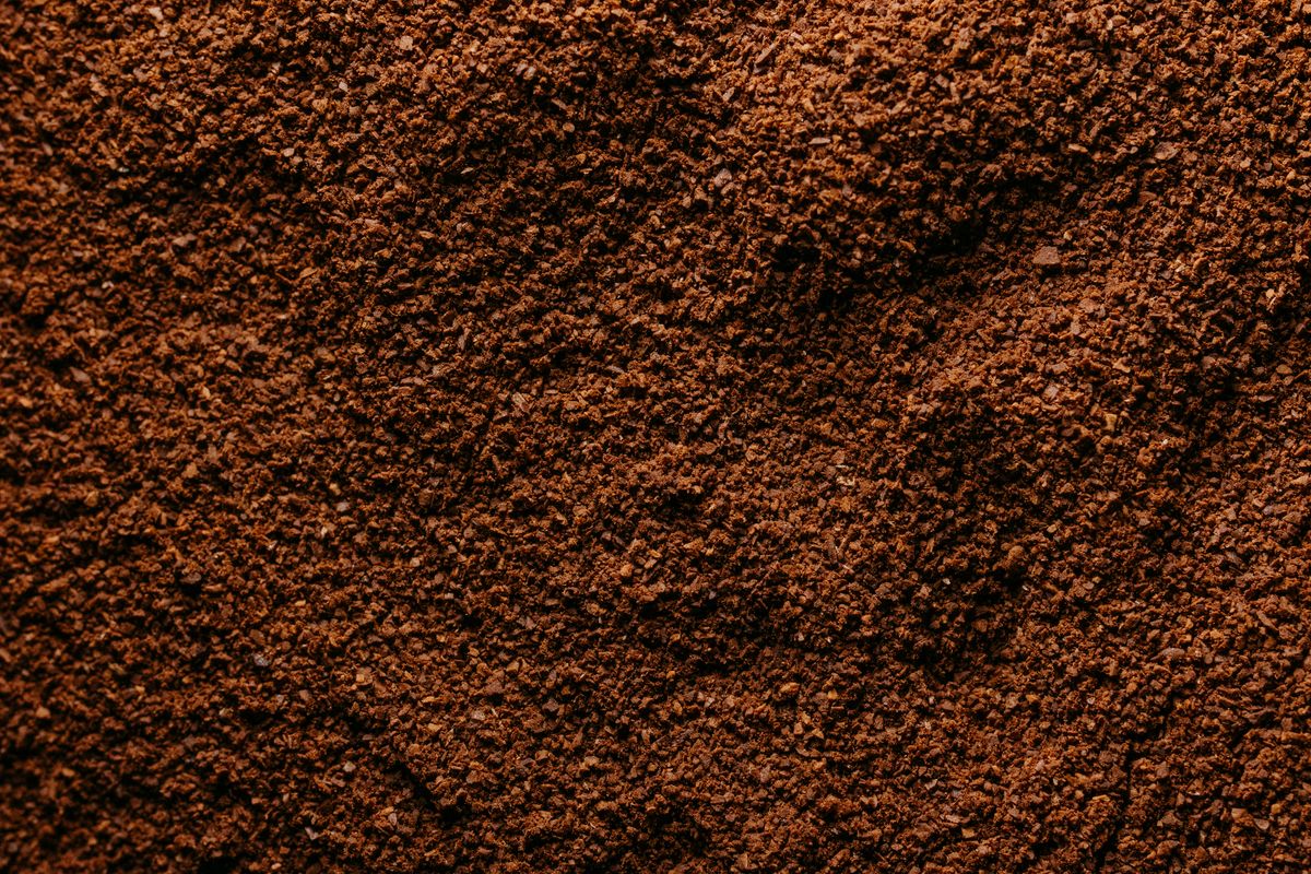 Fresh used coffee grounds in a bowl on a garden table