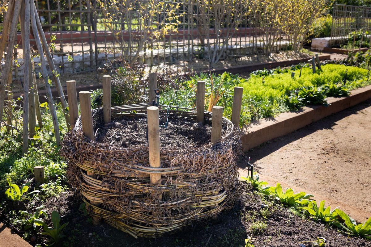 Open compost bin filled with kitchen scraps and dry garden materials