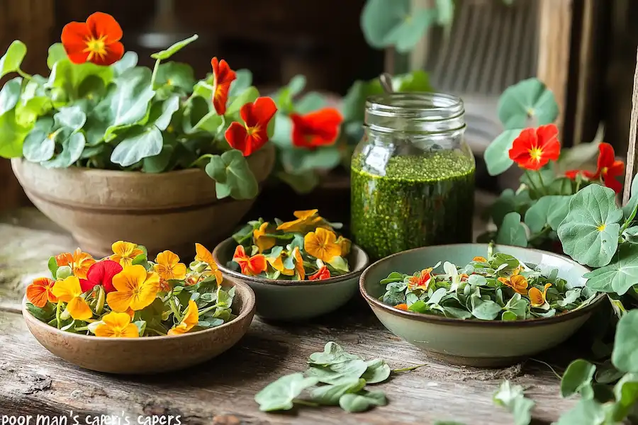 Kitchen table with fresh nasturtium flowers, leaves, and seeds