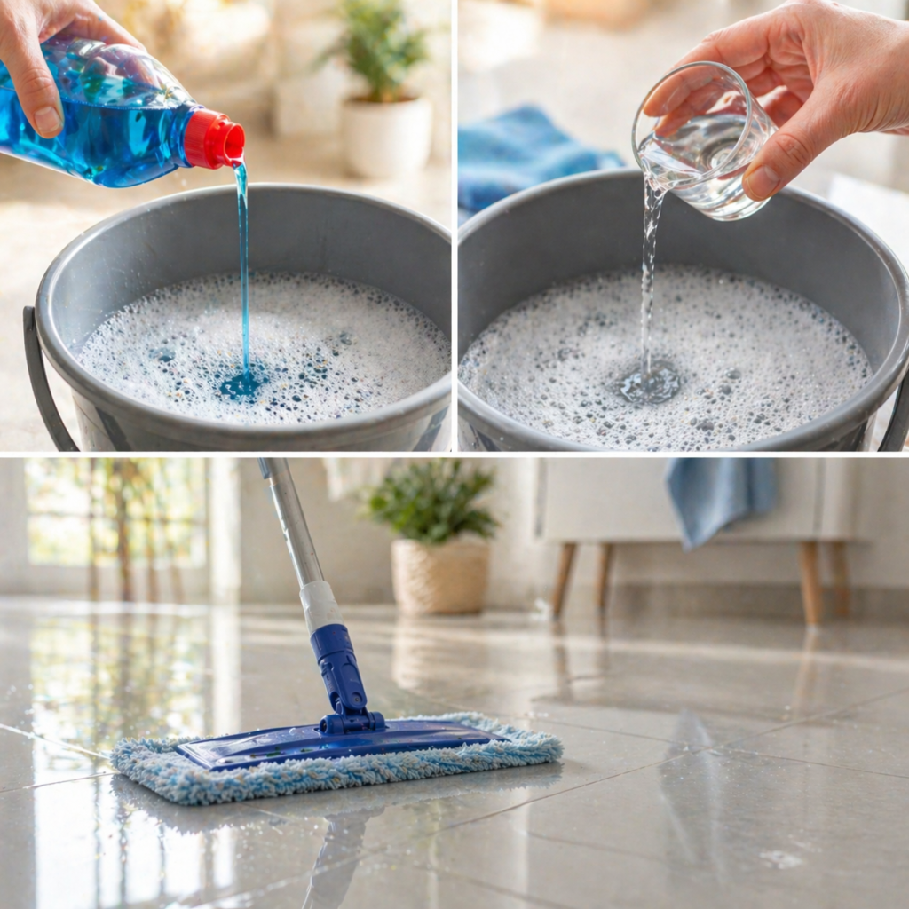 Cleaning bucket with dish soap and alcohol