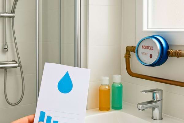 A water meter visible in a bathroom with products placed near the sink