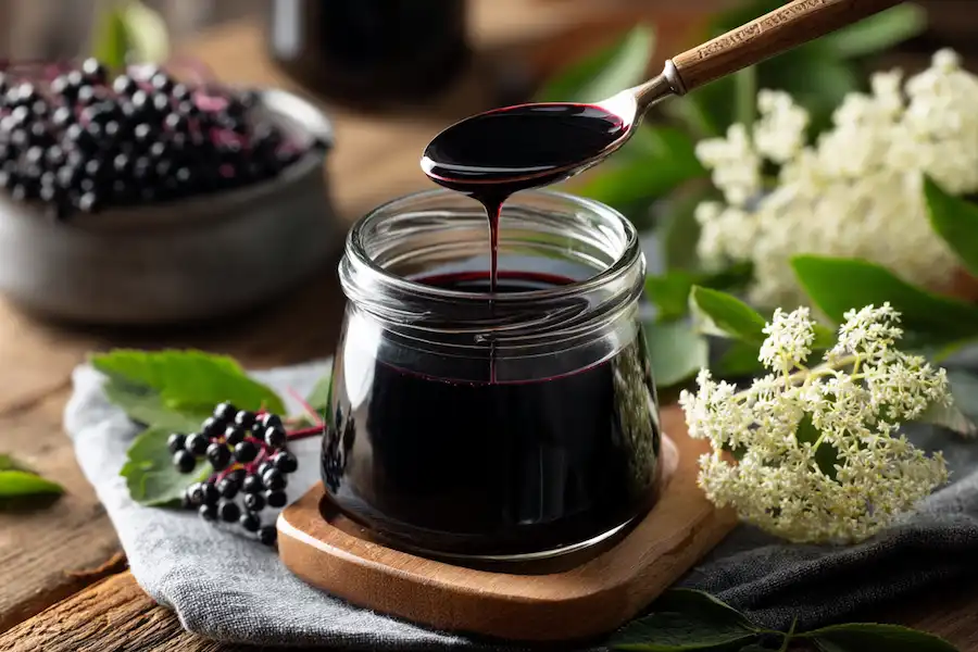 elderberry syrup in a small glass jar