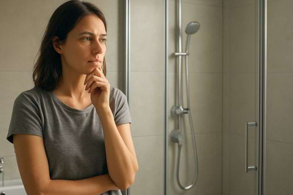 A woman standing in front of a shower with crossed arms, thoughtfully considering a decision