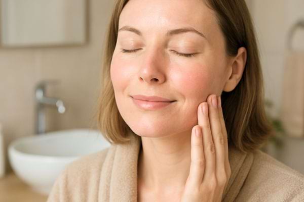 A woman touching her cheek while smiling with closed eyes, showing smooth and well-hydrated skin