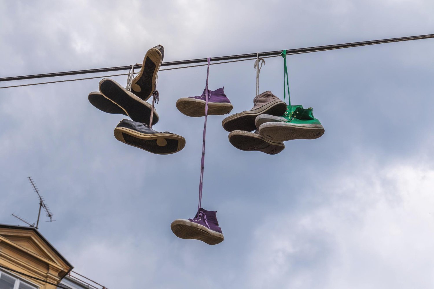 Shoes suspended as urban art