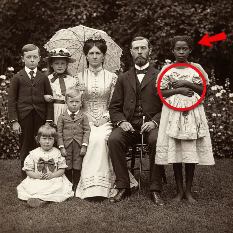 Portrait of a family with a young girl in the background