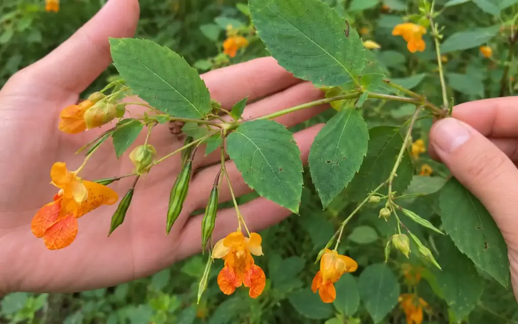 hands holding a jewelweed branch