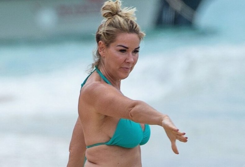 Claire Sweeney in a turquoise bikini in the Caribbean