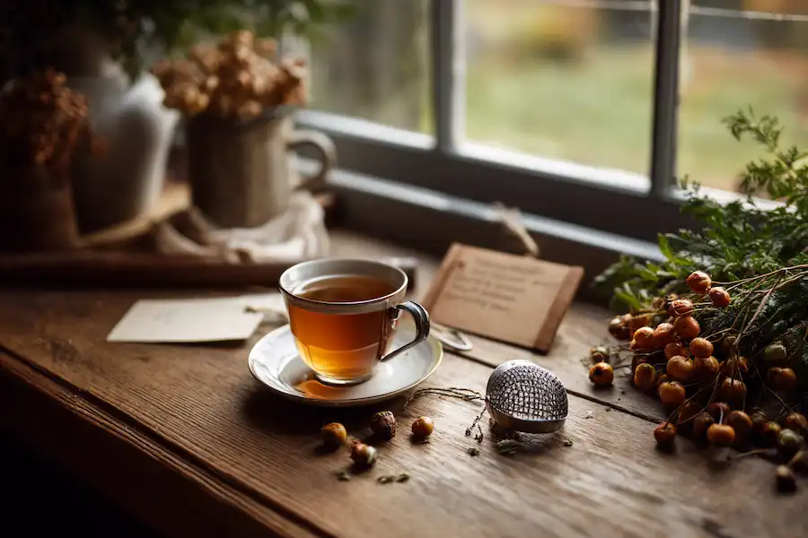 a cup of hawthorn tea steeping on a wooden counter