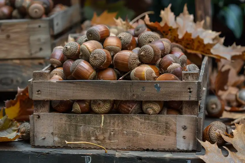 a small crate filled with acorns