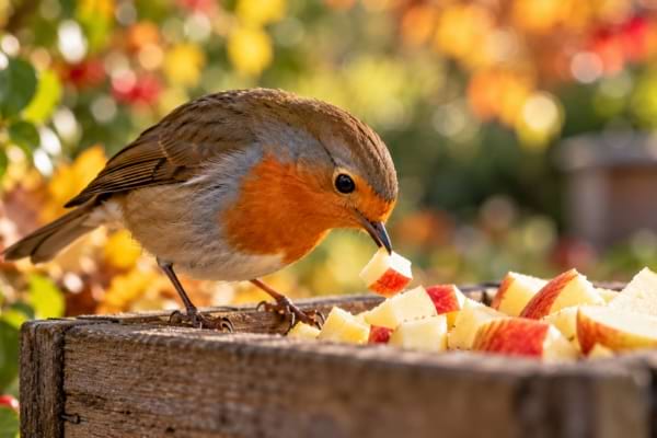 Robin pecking at apple pieces on a wooden feeder