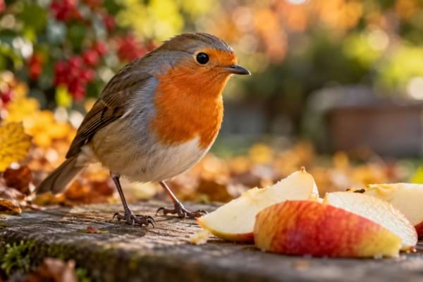 Robin near pieces of apple in a garden with autumn colors