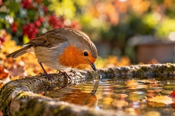 Robin drinking from a small water basin among leaves