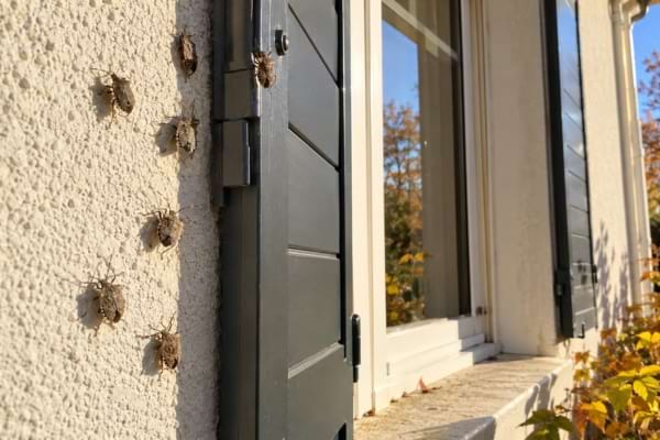 Brown stink bugs clustered on a wall near a window