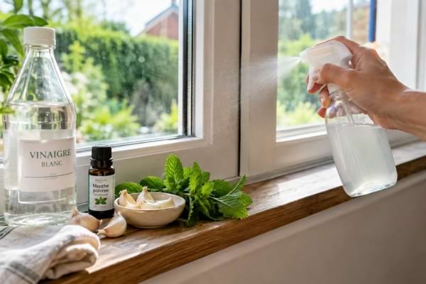 Homemade spray with vinegar, garlic, and mint being sprayed around window edges