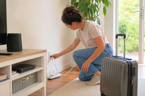 Woman unplugging a power strip before going on vacation.