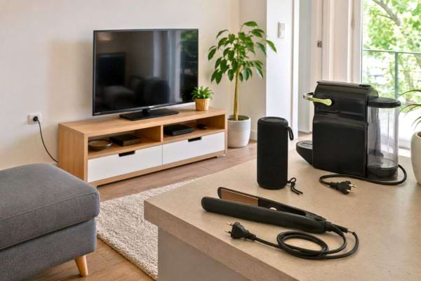 Electrical devices to unplug in a living room before departure.