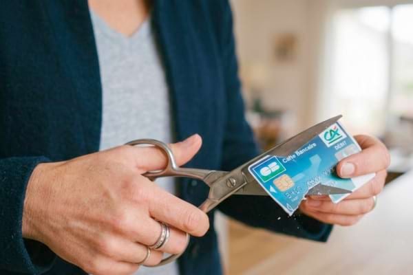 A person cuts a bank card with scissors