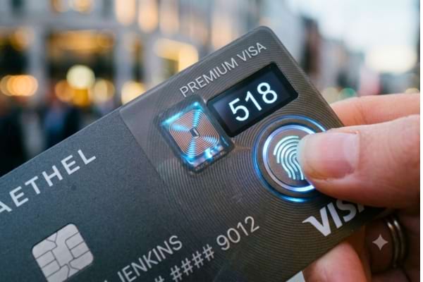 A premium credit card with a tiny digital screen displaying a CVV code