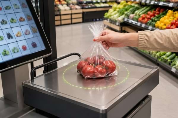 Bag of tomatoes properly centered on the scale.